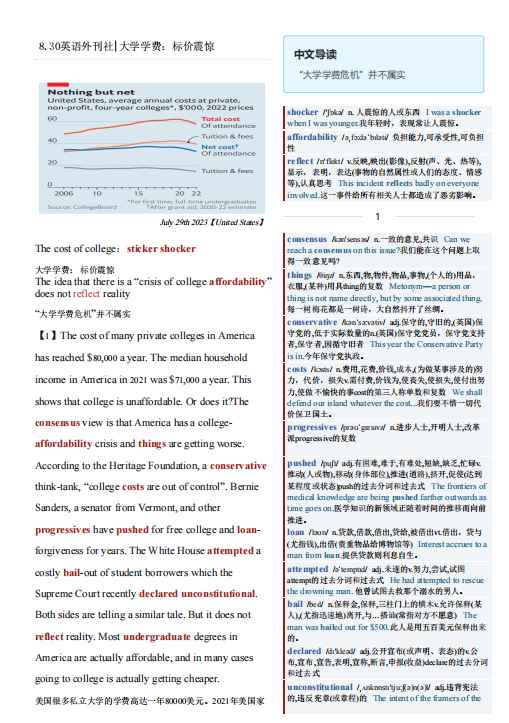 考研英语杂志经济学人双语精读TE-2023-8-30期英文外刊|大学学费标价震惊（PDF版+Word版+音频）